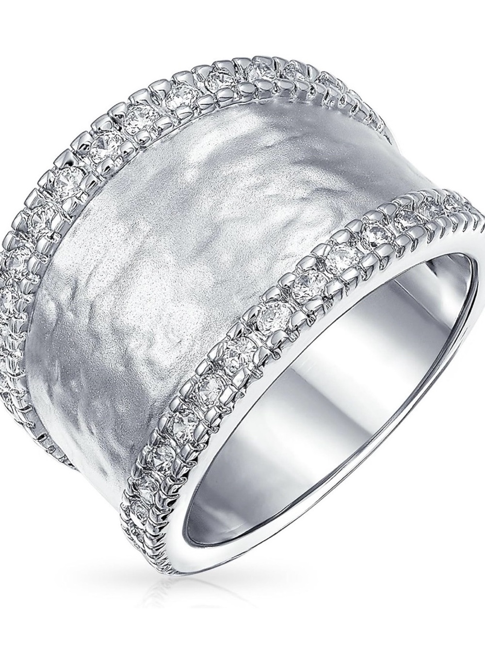 Wide Silver Hammered Band Ring with Sparkling Clear Stones